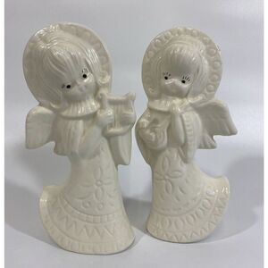 Vintage‎ Midcentury 60s Ceramic Angel Figurine Set White Geometric Design 8.5”